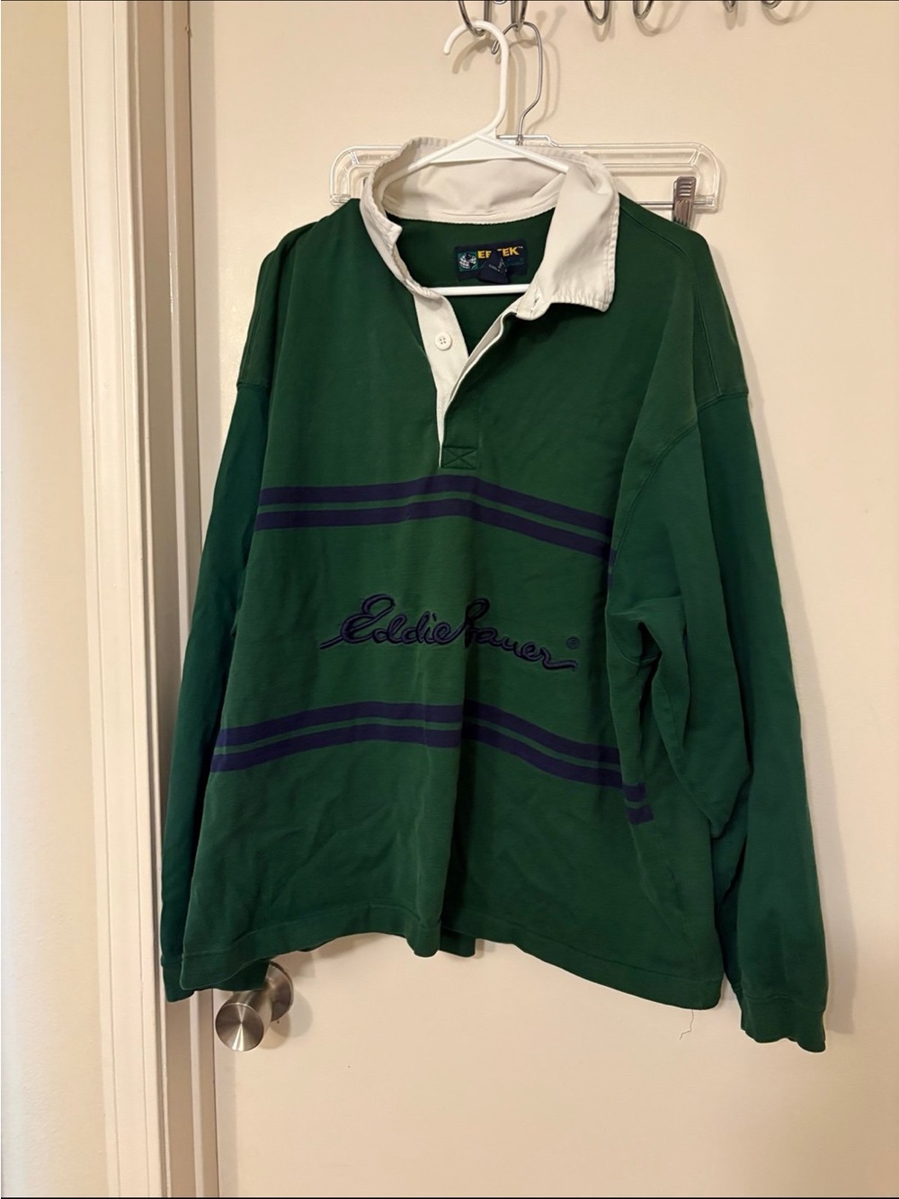 Eddie Bauer Dark Green Rugby Polo with White Collar and Navy Stripes